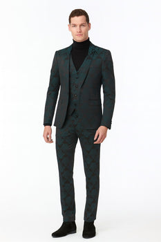 Men’s Emerald Green Floral Jacquard 3-Piece Tuxedo Suits – Slim Fit Formal Set with Blazer, Vest, and Pants Paisley Fabric - Ultra slim fitted