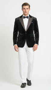 Men’s Black Velvet Tuxedo Blazer with Studded Lapel – Formal Evening Jacket