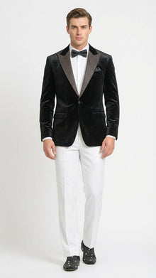 Men’s Black Velvet Tuxedo Blazer with Studded Lapel – Formal Evening Jacket