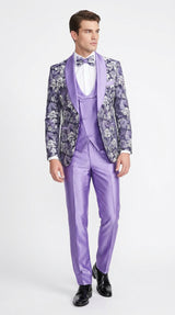 Men’s Lilac Lavender Prom Suit – Floral Shawl Lapel 3 Piece Tuxedo with Matching Vest and Pants
