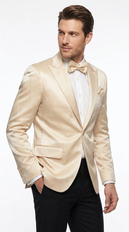 Men’s Champagne Tuxedo Dinner Jacket – Satin Finish Formal Wedding Prom Blazer and Bowtie included