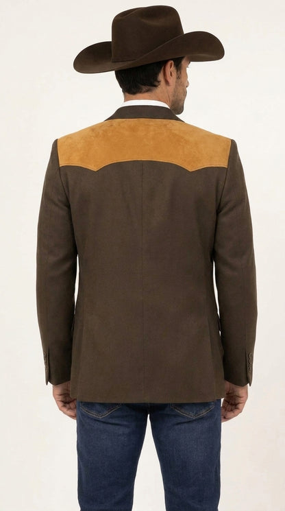 Men’s Chocolate Brown Western Blazer – Cowboy Sport Coat with Tan Suede Yoke for Rodeo & Country Wear