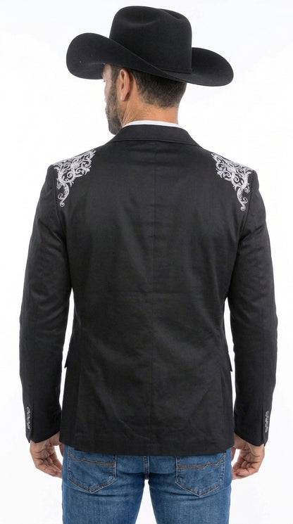 Men’s Black & White Western Blazer – Cowboy Sport Coat with Embroidered Shoulder & Back Design