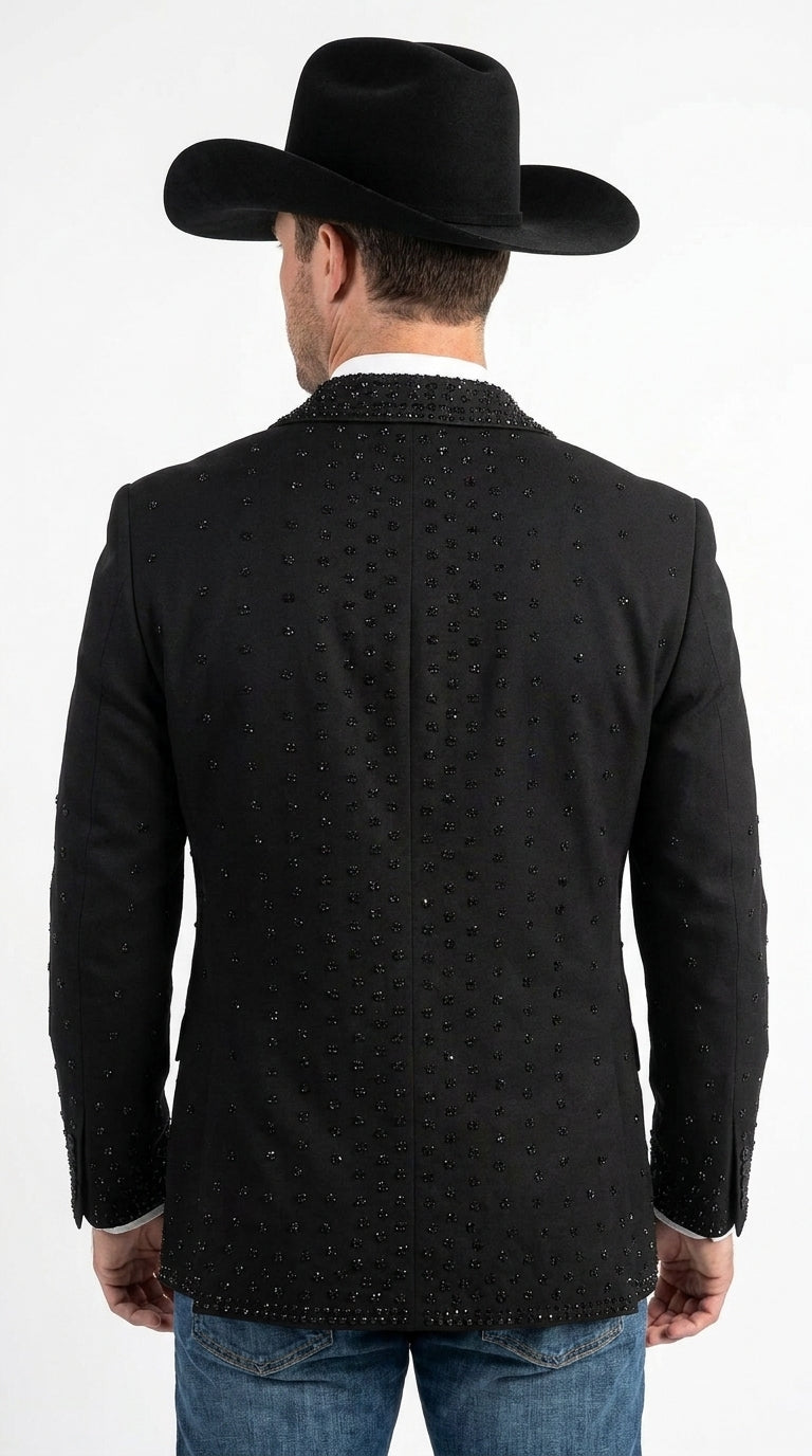 Men’s Black Western Blazer – Cowboy Tuxedo Jacket with Studded Shawl Collar with Glitter Lapel Rhinestone Lapel