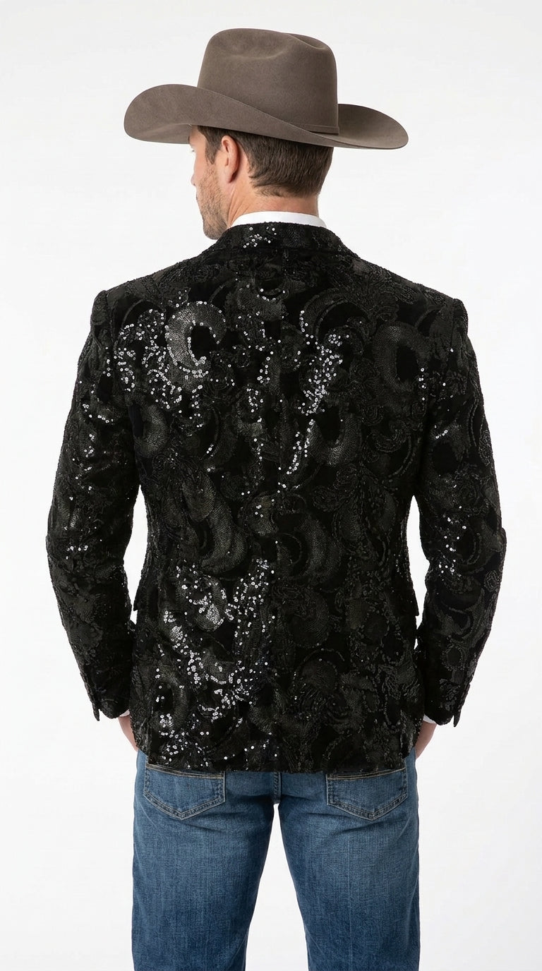 Men’s Black Sequin Western Blazer – Embroidered Cowboy Tuxedo Jacket with Rhinestone Lapels