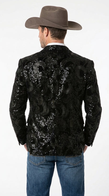 Men’s Black Sequin Western Blazer – Embroidered Cowboy Tuxedo Jacket with Rhinestone Lapels