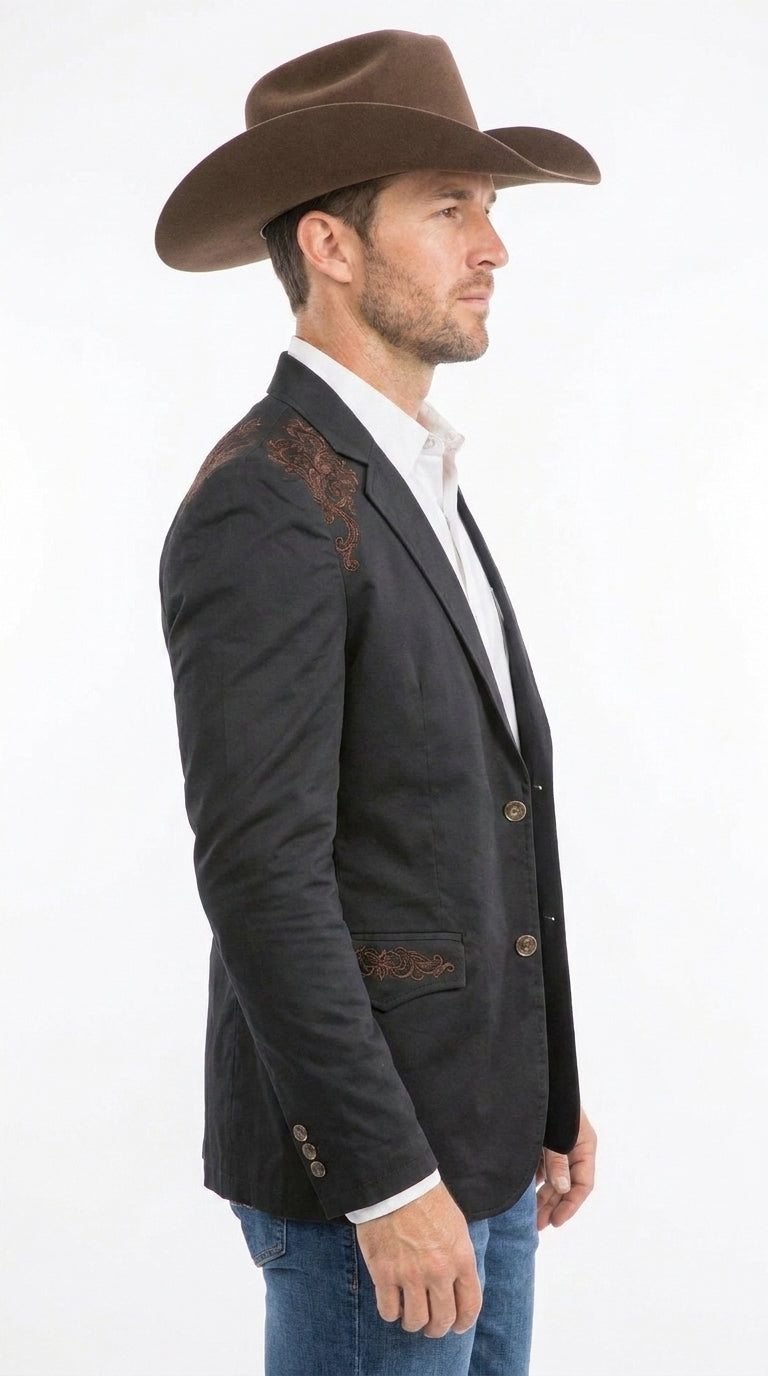 Men’s Black & Brown Western Blazer – Cowboy Sport Coat with Brown Embroidered Shoulder & Back Design
