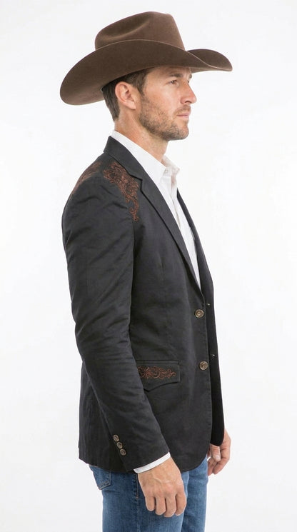 Men’s Black & Brown Western Blazer – Cowboy Sport Coat with Brown Embroidered Shoulder & Back Design