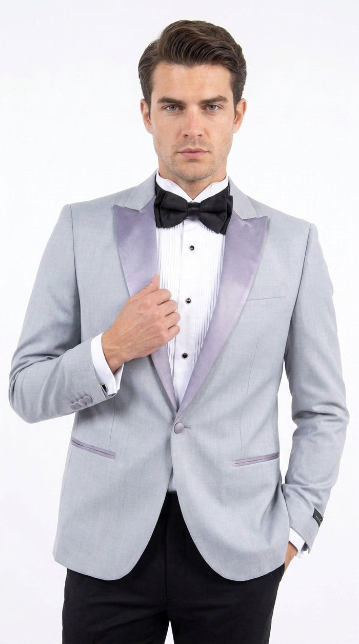 Men’s Silver Grey Dinner Jacket with Black Pants – Formal Wedding Prom Tuxedo Blazer Outfit Suit