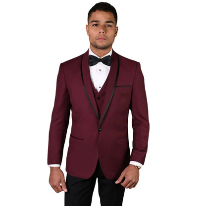 3-Piece Tailored Fit Wool Suit with Bow Tie and Flat Front Pants - Burgundy Modern Fit