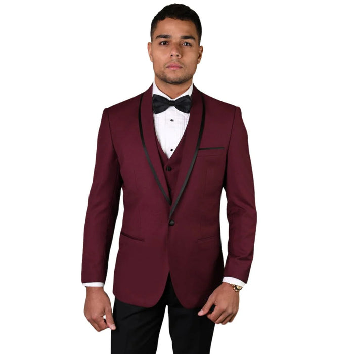 3-Piece Tailored Fit Wool Suit with Bow Tie and Flat Front Pants - Burgundy Modern Fit