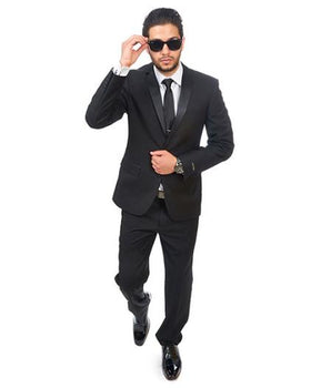 2 Button Slim Fit Satin Collar Black Double Vented Designer Cheap Priced Men's Slim Fitted Suit - Skinny Fit Suit