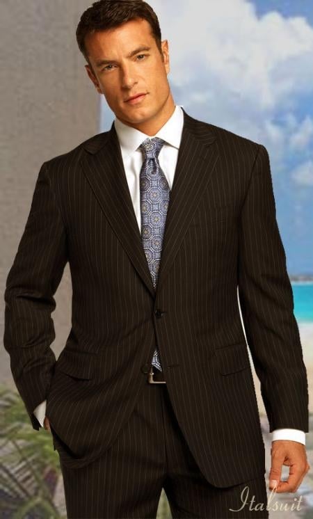 Mens Modern Fit 2 Button No Pleated Flat Front Pants Pinstripe Suit in Black