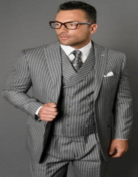 Mens Gangster Pinstripe 2 Button Double Breasted Vest Suit in Black - Image 3
