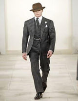 2 Buttons Black And Bold Chalk Gangster White Stripe Vested Big 1920 1930 Suits Flat Front Pants Pants