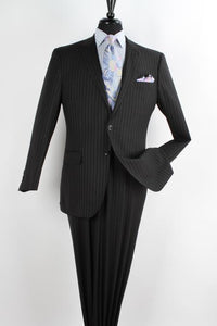 Men'S 2 Piece Executive Suit - Peak Lapel Black With Chalk Stripe ~ Pinstripe