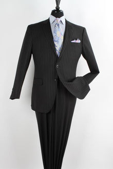 Men'S 2 Piece Executive Suit - Peak Lapel Black With Chalk Stripe ~ Pinstripe