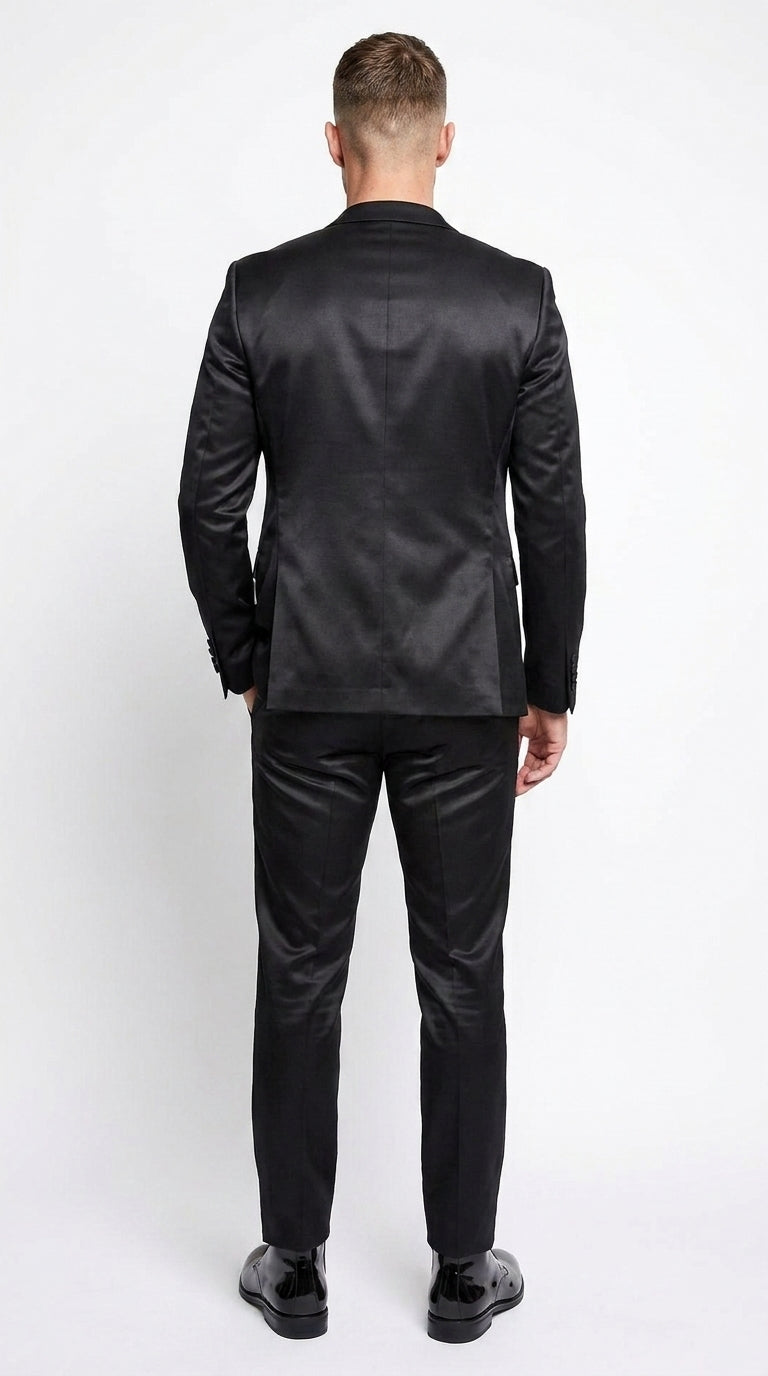 Men’s Black Shiny Sharkskin 2 Piece Suit, Formal Wedding Prom Party Dress Suit  Modern Fit