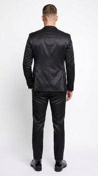 Men’s Black Shiny Sharkskin 2 Piece Suit, Formal Wedding Prom Party Dress Suit