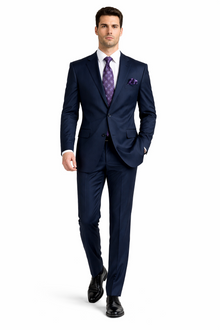 2 Btn Stripe ~ Pinstripe, Flat Front Pants, Side Vents, Pick Stitch, Super 150's Suit Dark Navy Blue  Suit For Men