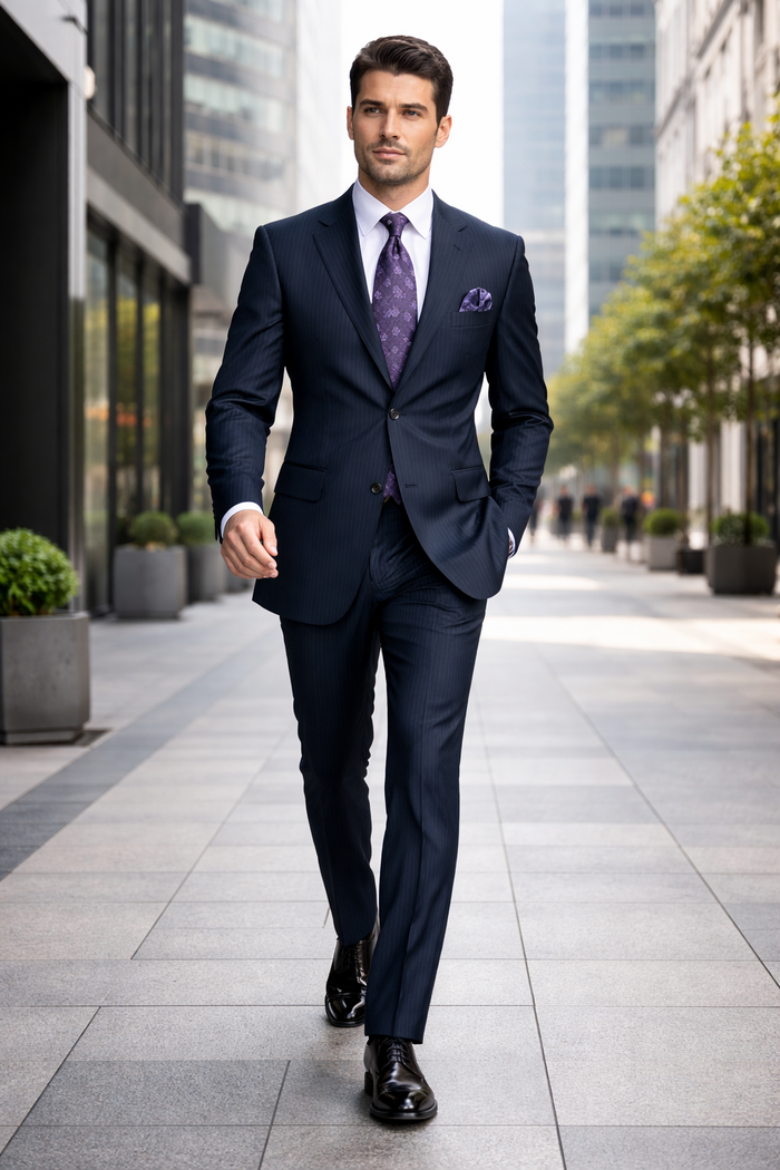 2 Btn Stripe ~ Pinstripe, Flat Front Pants, Side Vents, Pick Stitch, Super 150's Suit Dark Navy Blue  Suit For Men - Image 6
