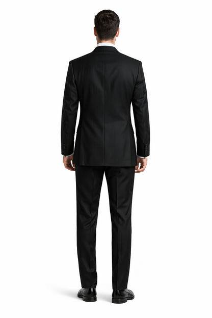 2 Btn Stripe ~ Pinstripe, Flat Front Pants, Side Vents, Pick Stitch, Super 150's Suit Dark Navy Blue  Suit For Men - Image 4