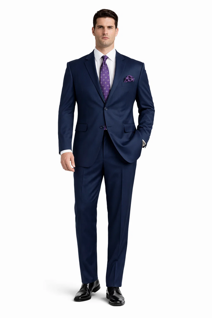 2 Btn Stripe ~ Pinstripe, Flat Front Pants, Side Vents, Pick Stitch, Super 150's Suit Dark Navy Blue  Suit For Men - Image 8