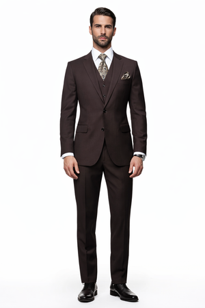 2 Button Brown Suit With A Vest Super 150'S Italian Pick Stitched Lapel Slanted Pocket - Three Piece Suit - 100% Percent Wool Fabric Suit - Worsted Wool Business Suit