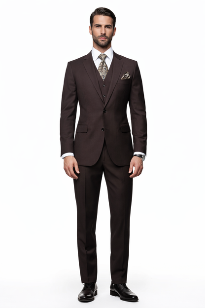 2 Button Brown Suit With A Vest Super 150'S Italian Pick Stitched Lapel Slanted Pocket - Three Piece Suit - 100% Percent Wool Fabric Suit - Worsted Wool Business Suit
