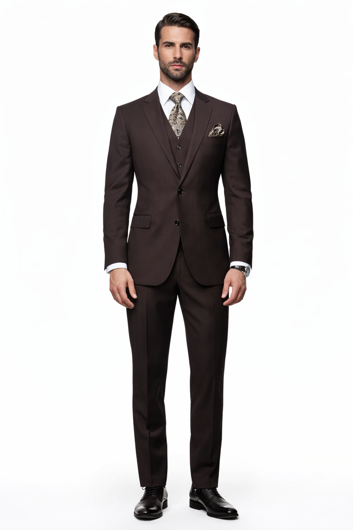 2 Button Brown Suit With A Vest Super 150'S Italian Pick Stitched Lapel Slanted Pocket - Three Piece Suit - 100% Percent Wool Fabric Suit - Worsted Wool Business Suit