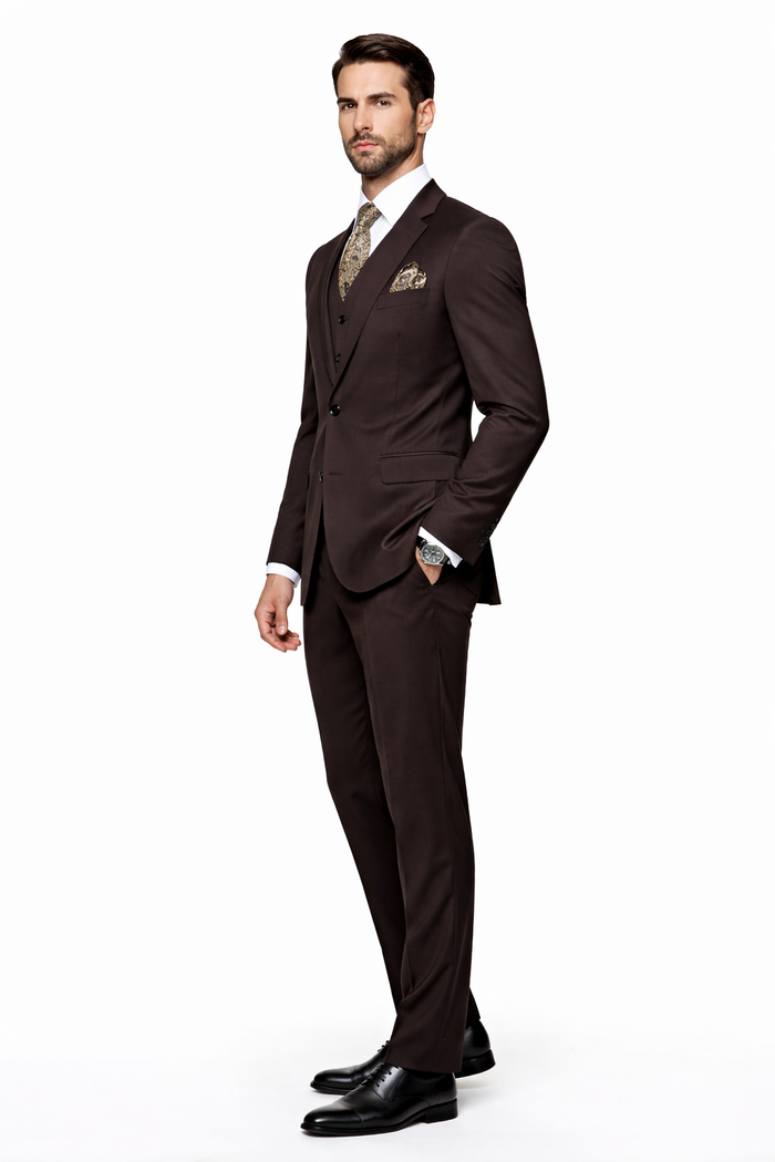 2 Button Brown Suit With A Vest Super 150'S Italian Pick Stitched Lapel Slanted Pocket - Three Piece Suit - 100% Percent Wool Fabric Suit - Worsted Wool Business Suit - Image 7