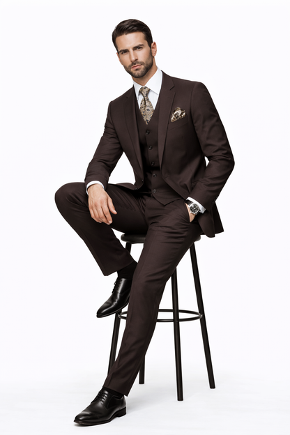 2 Button Brown Suit With A Vest Super 150'S Italian Pick Stitched Lapel Slanted Pocket - Three Piece Suit - 100% Percent Wool Fabric Suit - Worsted Wool Business Suit - Image 4