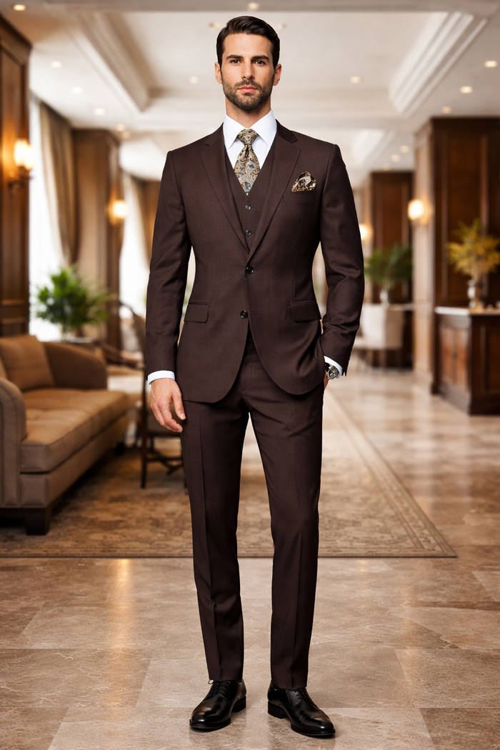 2 Button Brown Suit With A Vest Super 150'S Italian Pick Stitched Lapel Slanted Pocket - Three Piece Suit - 100% Percent Wool Fabric Suit - Worsted Wool Business Suit - Image 6