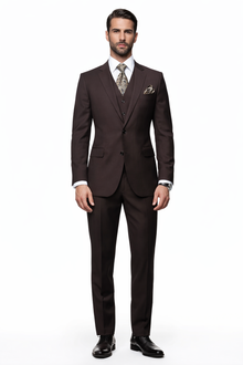 2 Button Brown Suit With A Vest Super 150'S Italian Pick Stitched Lapel Slanted Pocket - Three Piece Suit - 100% Percent Wool Fabric Suit - Worsted Wool Business Suit