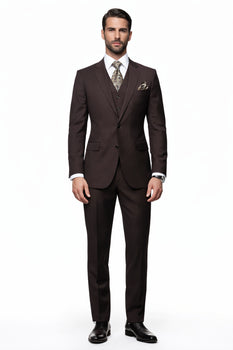 2 Button Brown Suit With A Vest Super 150'S Italian Pick Stitched Lapel Slanted Pocket - Three Piece Suit - 100% Percent Wool Fabric Suit - Worsted Wool Business Suit