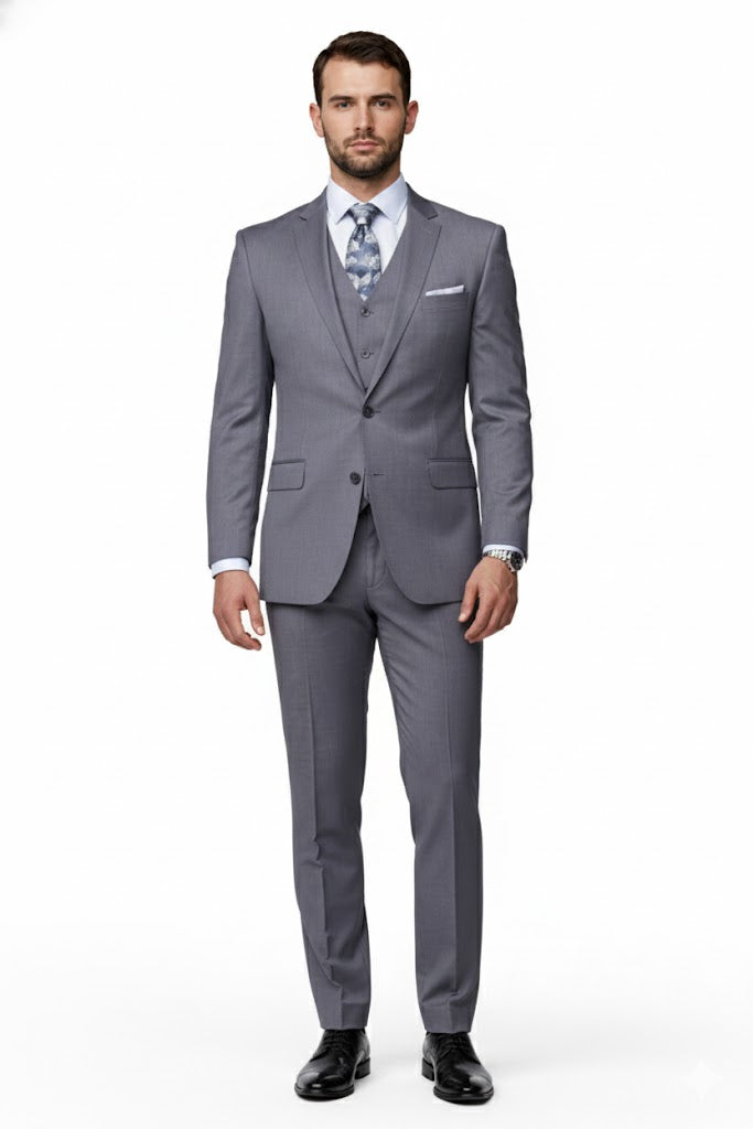 2 Button Charcoal Suit With A Vest Super 150'S Italian Pick Stitched Lapel Slanted Pocket - Three Piece Suit - 100% Percent Wool Fabric Suit - Worsted Wool Business Suit