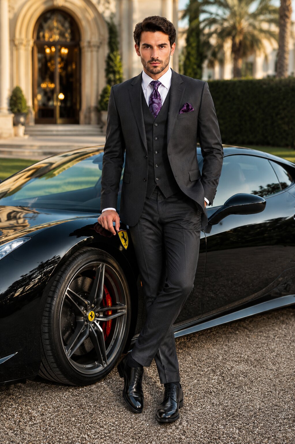 Mens 2 Button  Vested Wool Suit in Eggplant Modern Fit