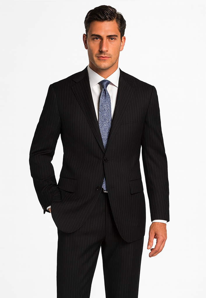 2 BUTTON COLOR BLACK WITH PINSTRIPE Men's SUIT VENT BACK JACKET STYLE WITH 1 PLEATED PANTS Online Discount Fashion Sale