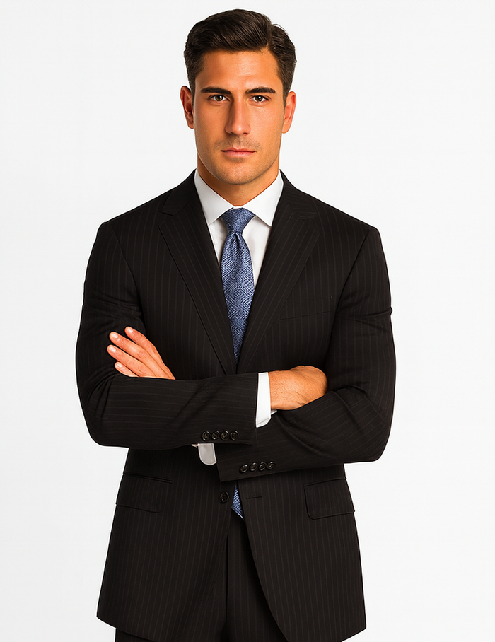 2 BUTTON COLOR BLACK WITH PINSTRIPE Men's SUIT VENT BACK JACKET STYLE WITH 1 PLEATED PANTS Online Discount Fashion Sale - Image 6