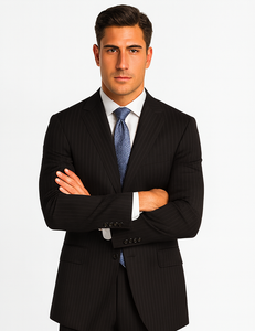 2 BUTTON COLOR BLACK WITH PINSTRIPE Men's SUIT VENT BACK JACKET STYLE WITH 1 PLEATED PANTS Online Discount Fashion Sale