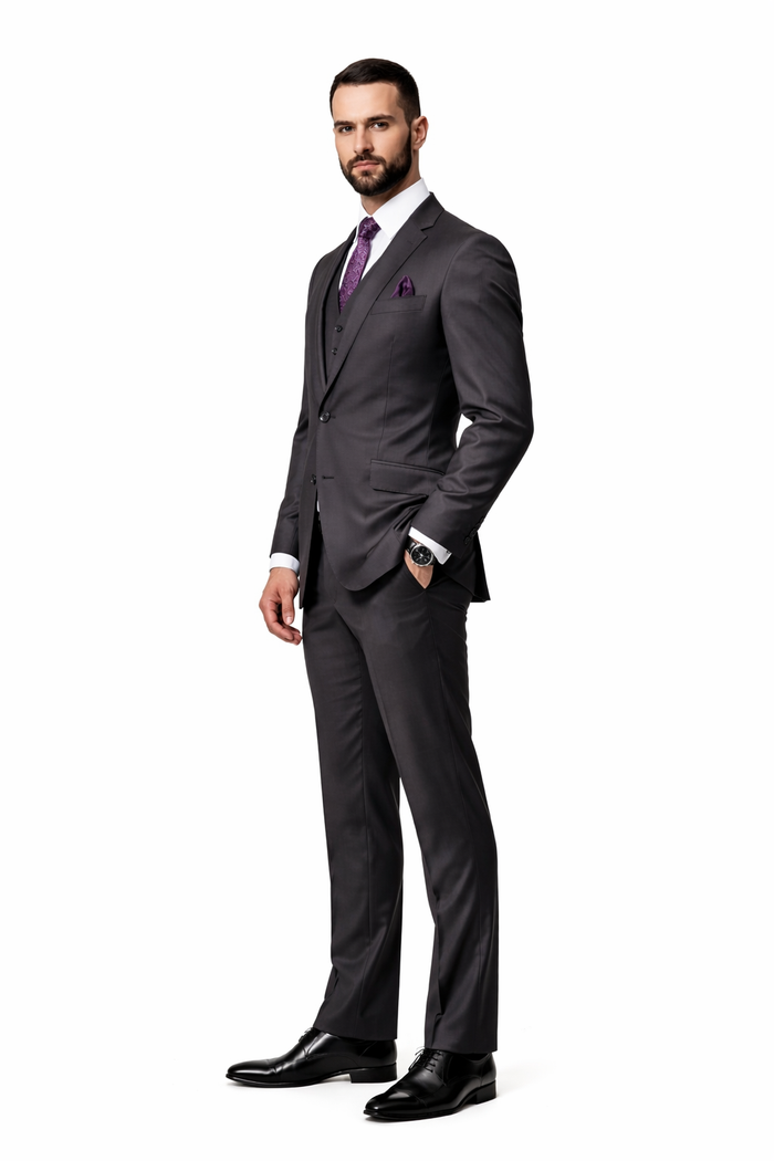 2 Button Heather Charcoal Suit with a Vest Super 150's Italian Pick Stitched Lapel Slanted Pocket  - Three Piece Suit - 100% Percent Wool Fabric Suit - Worsted Wool Business Suit - Image 7