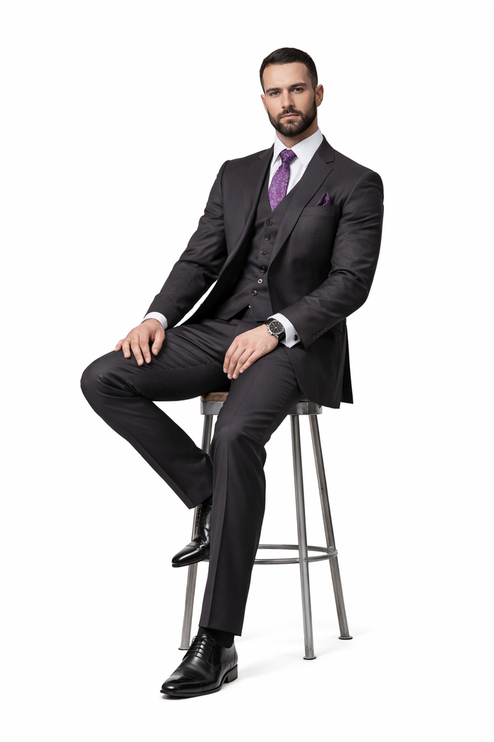 2 Button Heather Charcoal Suit with a Vest Super 150's Italian Pick Stitched Lapel Slanted Pocket  - Three Piece Suit - 100% Percent Wool Fabric Suit - Worsted Wool Business Suit - Image 5