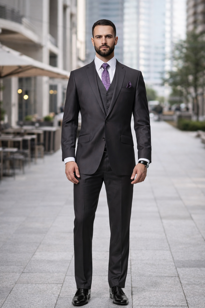 2 Button Heather Charcoal Suit with a Vest Super 150's Italian Pick Stitched Lapel Slanted Pocket  - Three Piece Suit - 100% Percent Wool Fabric Suit - Worsted Wool Business Suit - Image 4