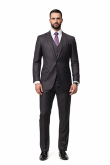 2 Button Heather Charcoal Suit with a Vest Super 150's Italian Pick Stitched Lapel Slanted Pocket  - Three Piece Suit - 100% Percent Wool Fabric Suit - Worsted Wool Business Suit