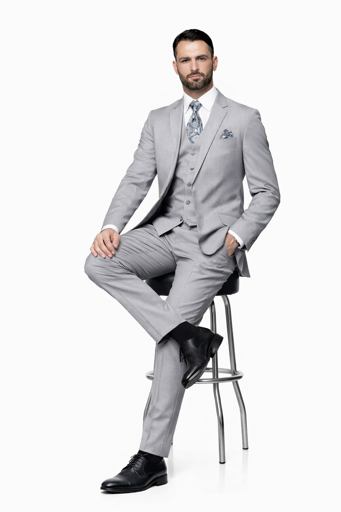 2 Button Light Gray ~ Grey Suit With A Vest Super 150'S Italian Pick Stitched Lapel Slanted Pocket  - Three Piece Suit - 100% Percent Wool Fabric Suit - Worsted Wool Business Suit - Image 5