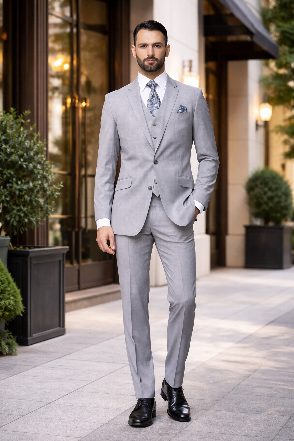 2 Button Light Gray ~ Grey Suit With A Vest Super 150'S Italian Pick Stitched Lapel Slanted Pocket  - Three Piece Suit - 100% Percent Wool Fabric Suit - Worsted Wool Business Suit - Image 4