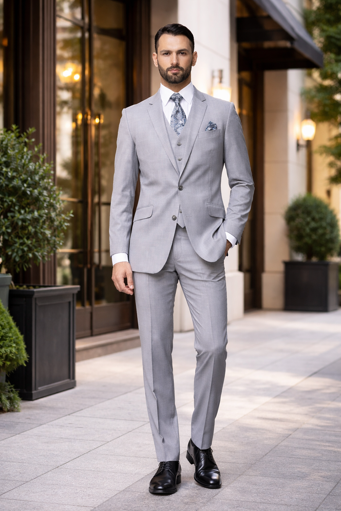 2 Button Light Gray ~ Grey Suit With A Vest Super 150'S Italian Pick Stitched Lapel Slanted Pocket  - Three Piece Suit - 100% Percent Wool Fabric Suit - Worsted Wool Business Suit - Image 4