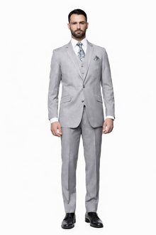 2 Button Light Gray ~ Grey Suit With A Vest Super 150'S Italian Pick Stitched Lapel Slanted Pocket  - Three Piece Suit - 100% Percent Wool Fabric Suit - Worsted Wool Business Suit
