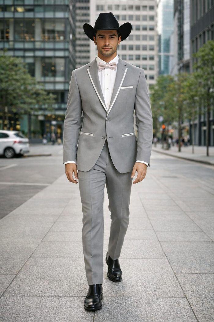 2 Button Notch Collar Rayon/Poly Eleganza Formal Modern Fit Suits Dinner Jacket/Blazer~Grey Suit Fashion Tuxedo For Men