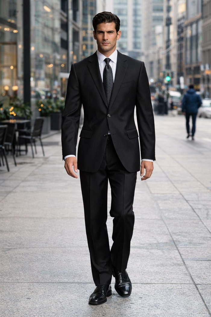 2 Button Pleated Pants Side Vents Conservative Pinstripe Color Black Men's Suit - Image 6